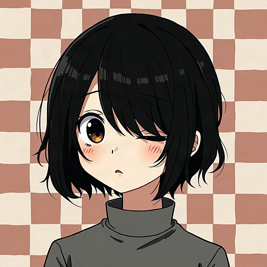 emo pfp — jet black side-swept fringe, soft sad half-smile, checkerboard pattern background