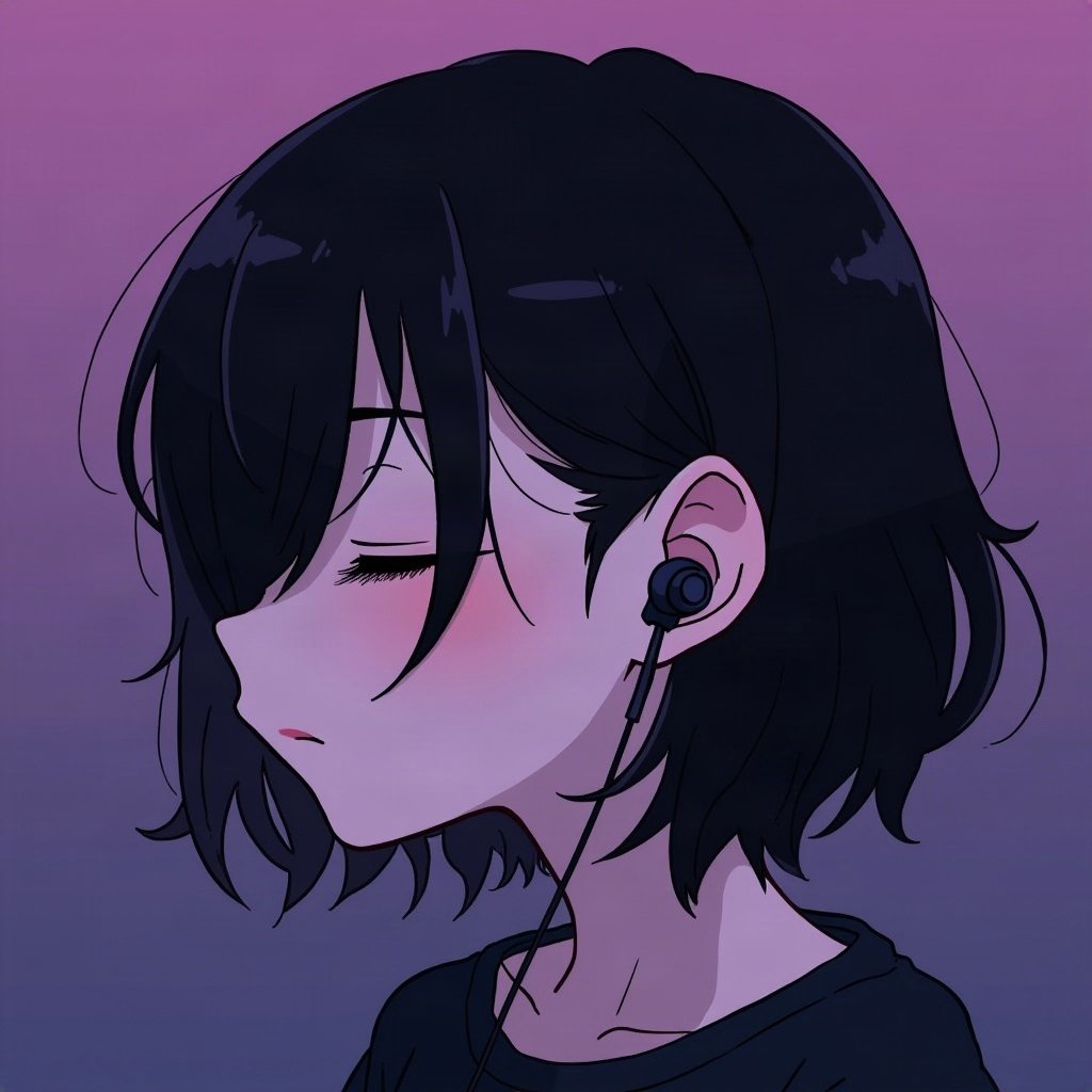 emo pfp — jet black side-swept fringe, eyes closed listening to music with earbuds, deep purple gradient