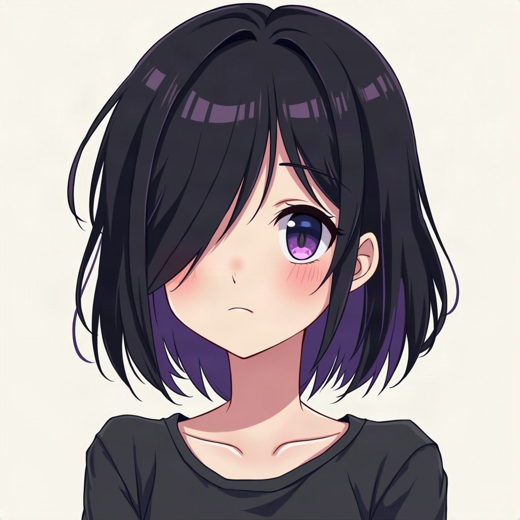emo pfp — black hair with purple tips, soft sad half-smile, band-poster style wall