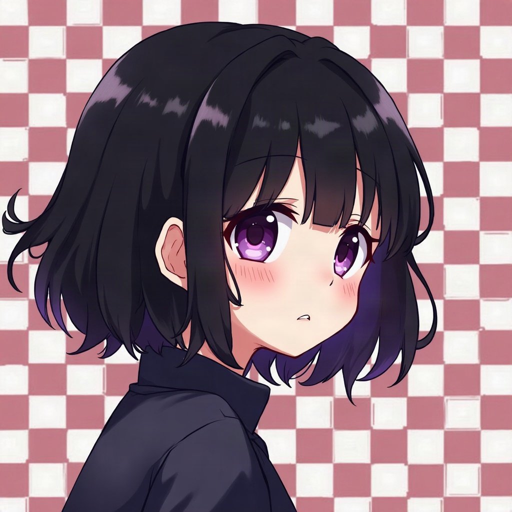 emo pfp — black hair with purple tips, soft sad half-smile, checkerboard pattern background