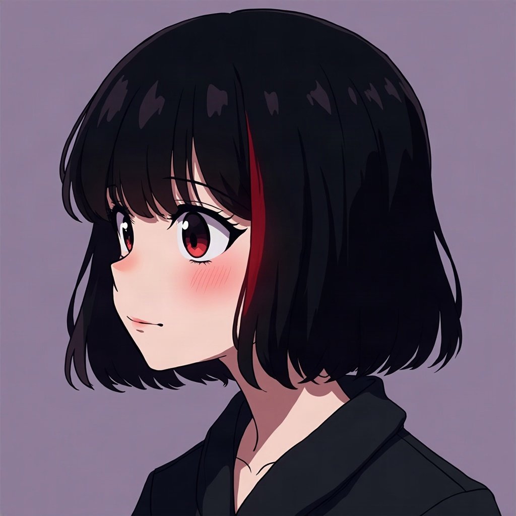 emo pfp — black hair with red streak, soft sad half-smile, deep purple gradient