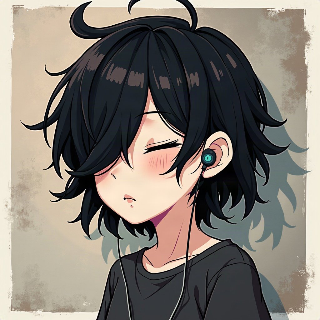 emo pfp — choppy dark layered hair, eyes closed listening to music with earbuds, band-poster style wall