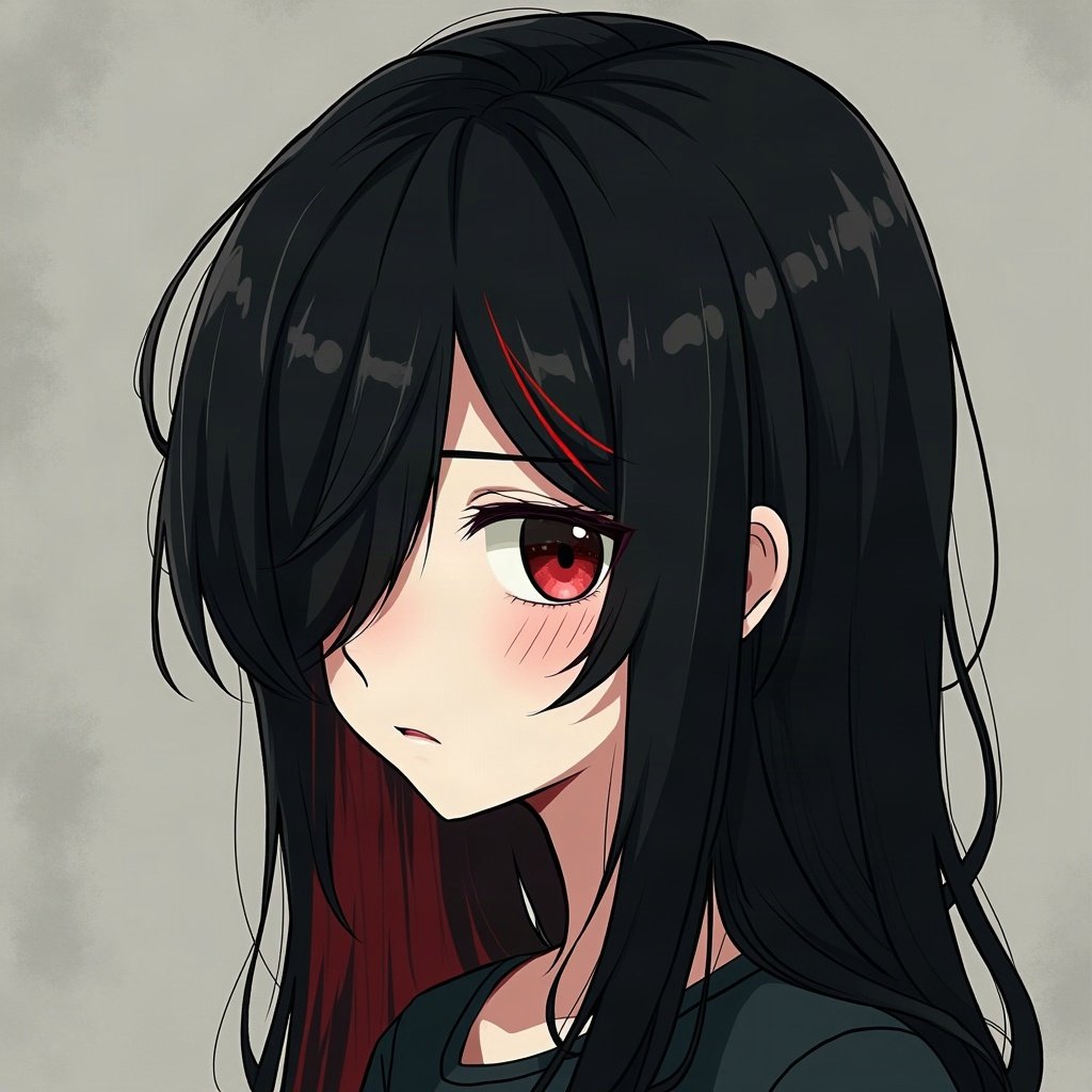emo pfp — black hair with red streak, distant moody stare, dark grey grunge texture