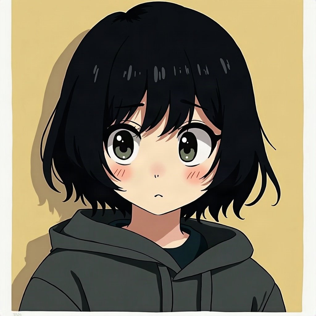 emo pfp — jet black side-swept fringe, distant moody stare, band-poster style wall