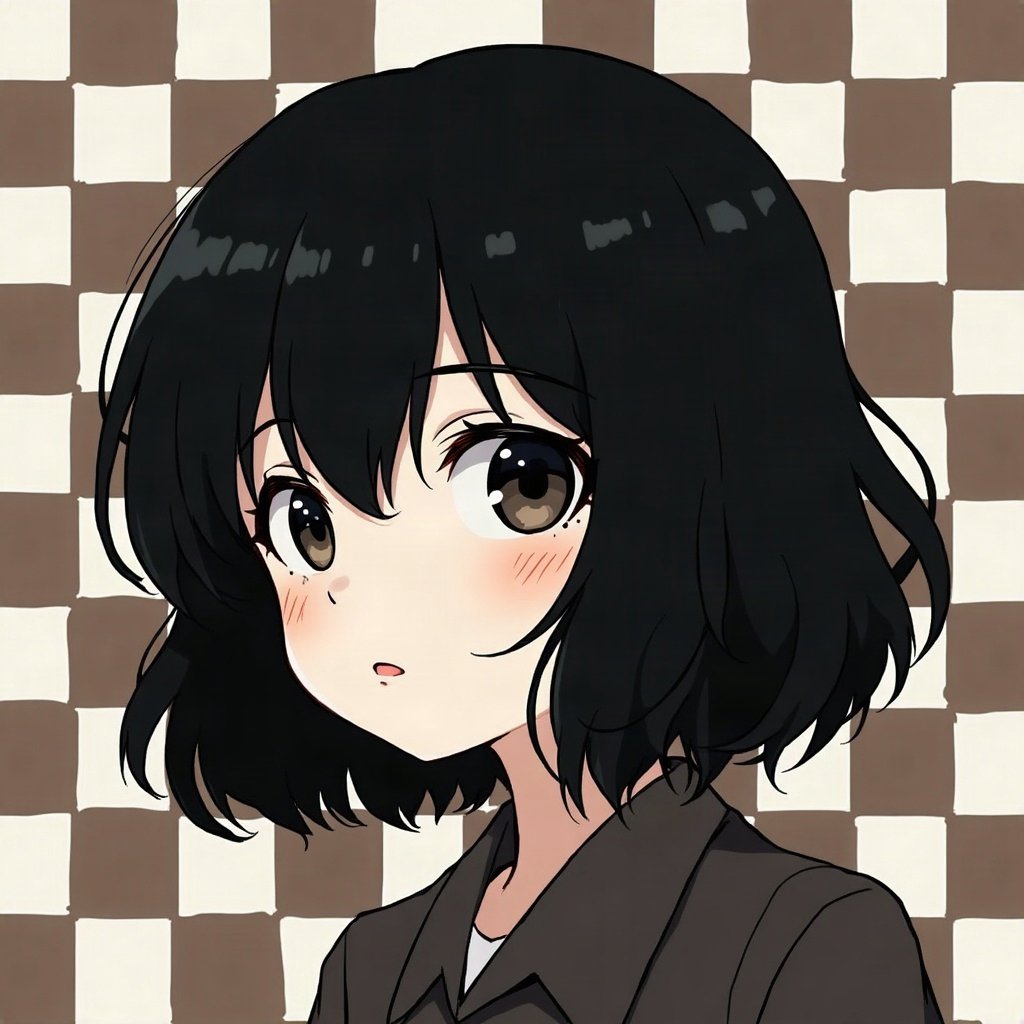 emo pfp — choppy dark layered hair, distant moody stare, checkerboard pattern background