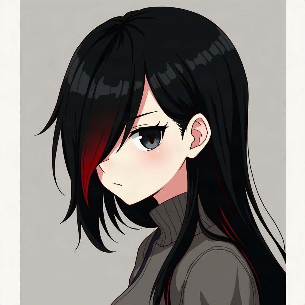 emo pfp — black hair with red streak, distant moody stare, band-poster style wall