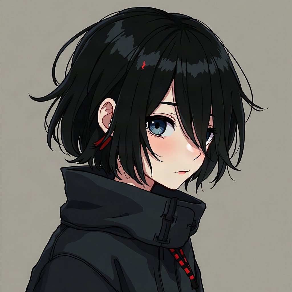 emo pfp — black hair with red streak, distant moody stare, dark grey grunge texture
