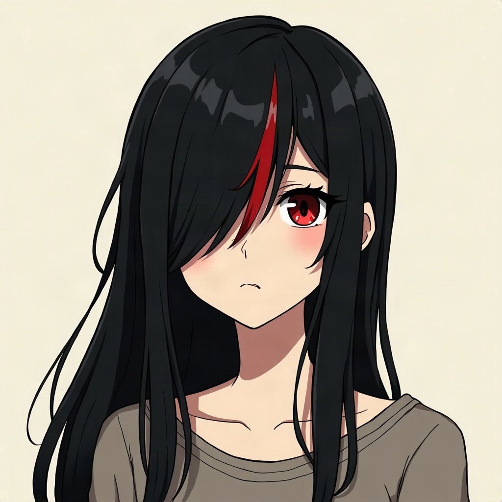 emo pfp — black hair with red streak, distant moody stare, band-poster style wall