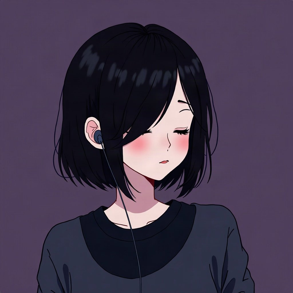 emo pfp — jet black side-swept fringe, eyes closed listening to music with earbuds, deep purple gradient