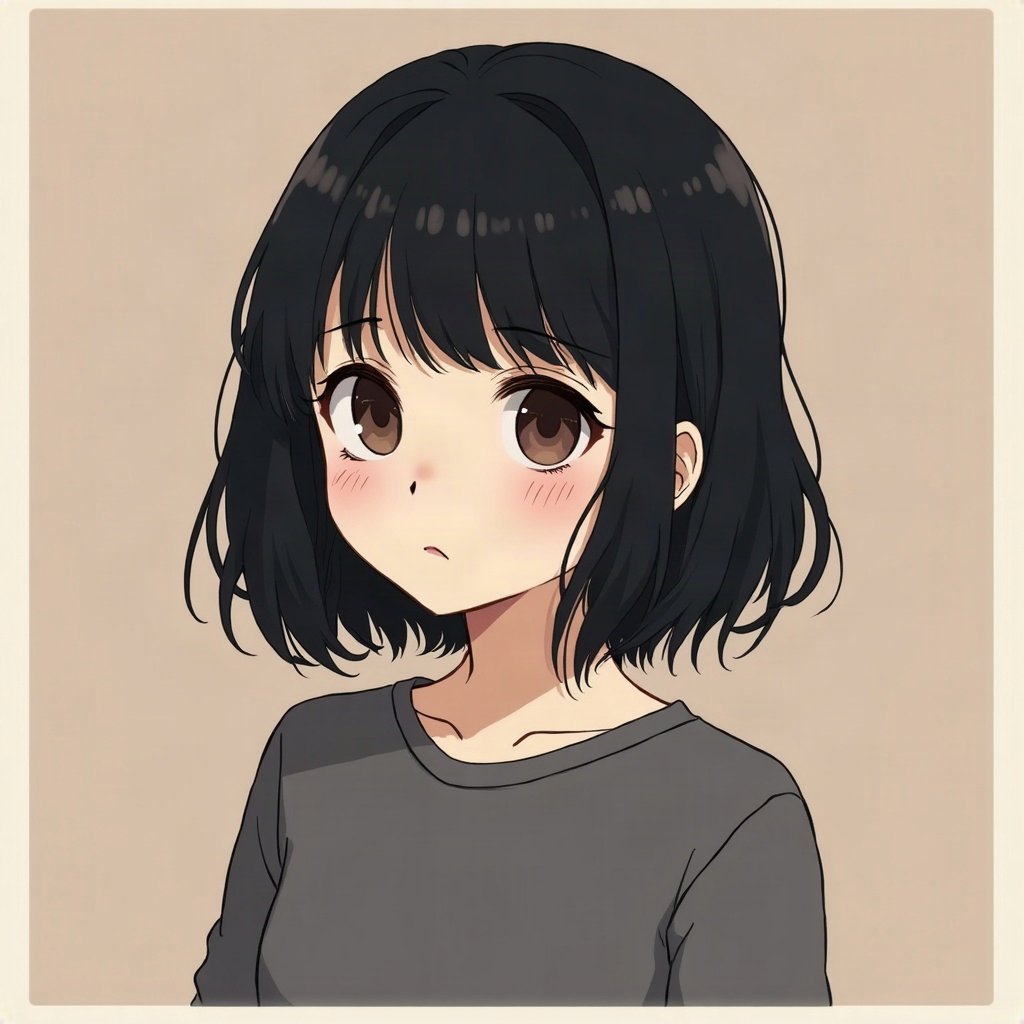 emo pfp — jet black side-swept fringe, soft sad half-smile, band-poster style wall