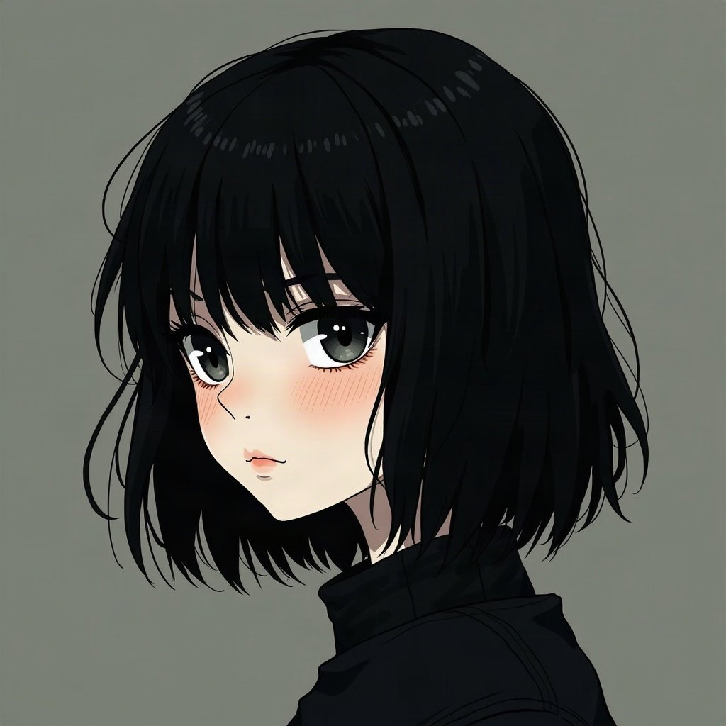 emo pfp — jet black side-swept fringe, distant moody stare, dark grey grunge texture