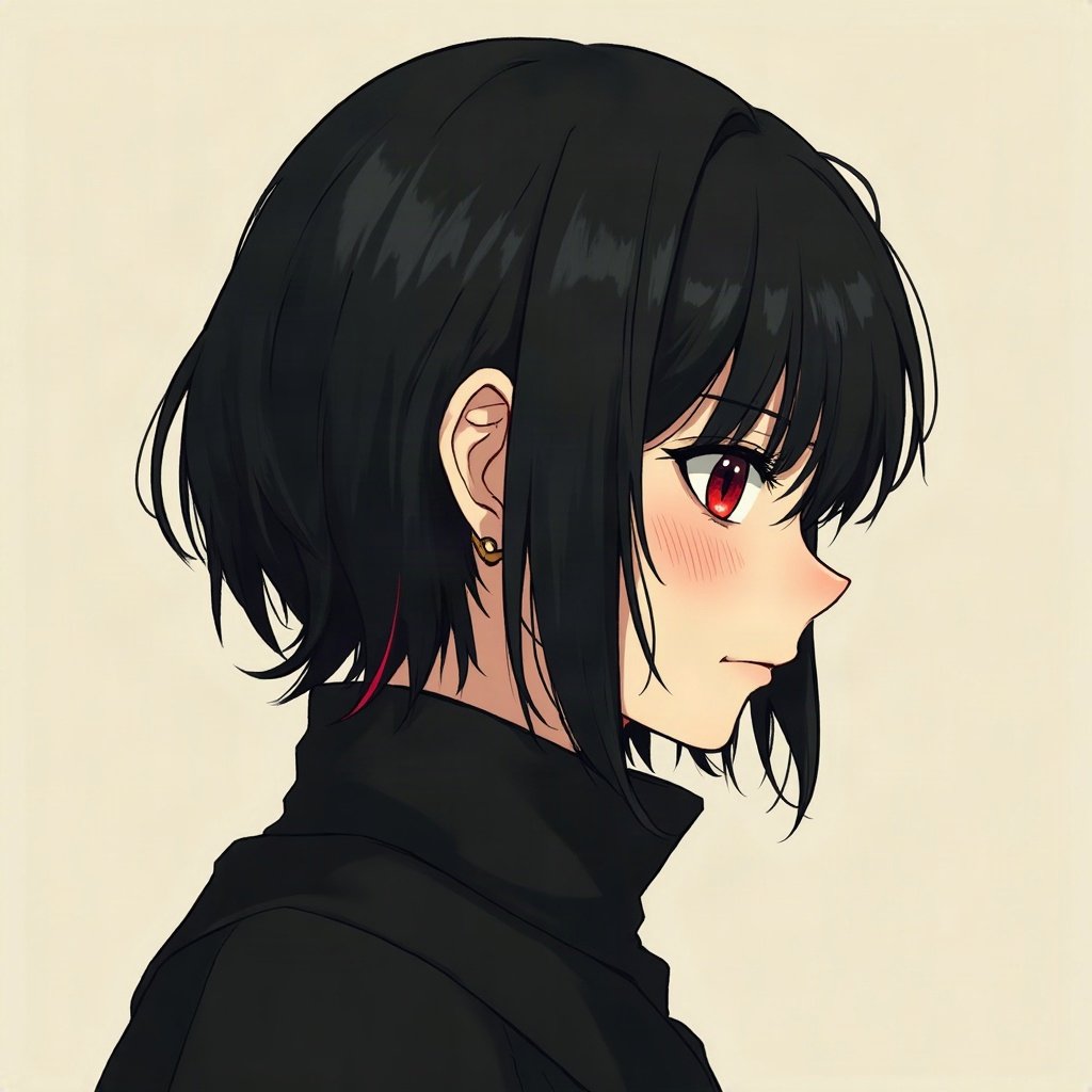 emo pfp — black hair with red streak, distant moody stare, band-poster style wall