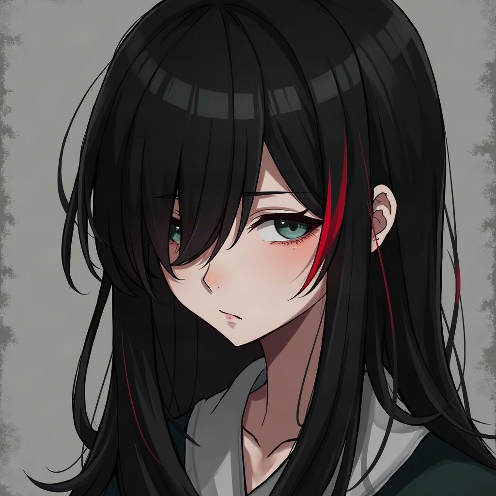 emo pfp — black hair with red streak, distant moody stare, dark grey grunge texture