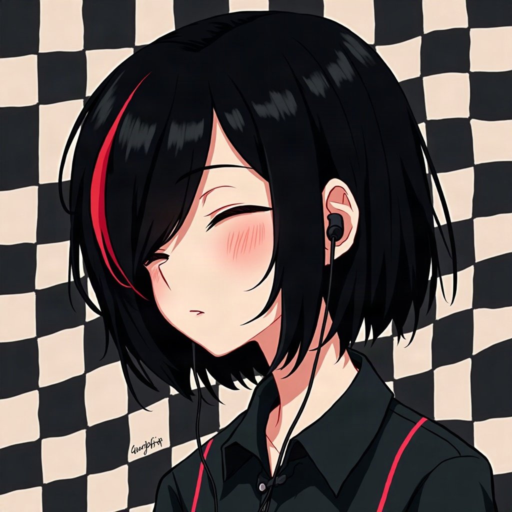 emo pfp — black hair with red streak, eyes closed listening to music with earbuds, checkerboard pattern background