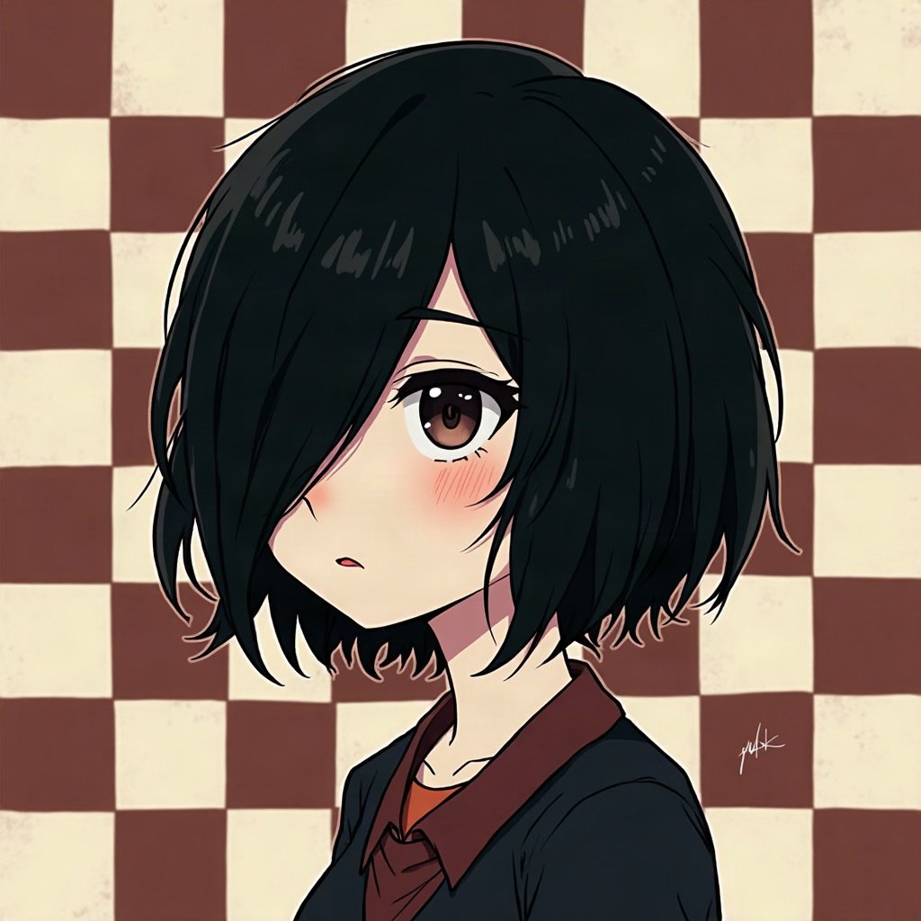 emo pfp — choppy dark layered hair, distant moody stare, checkerboard pattern background