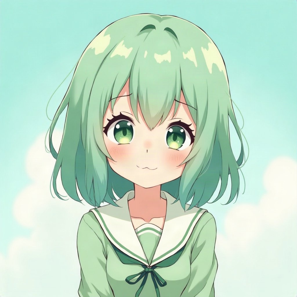 femboy pfp — mint green soft waves, sailor-collar top, soft curious look
