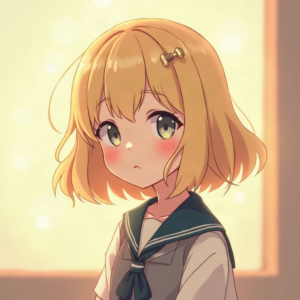 femboy pfp — fluffy blond bob with clips, sailor-collar top, soft curious look