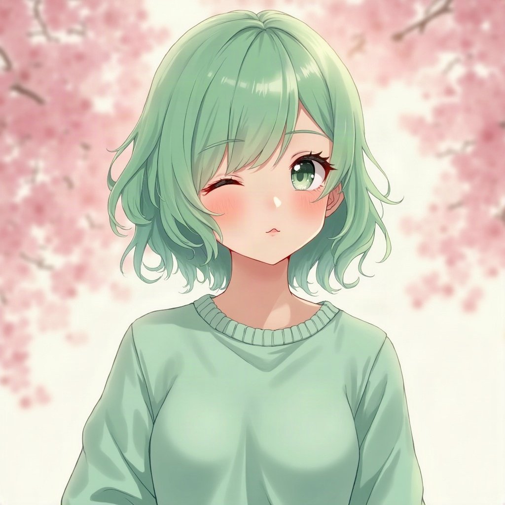 femboy pfp — mint green soft waves, oversized pastel sweater, playful wink
