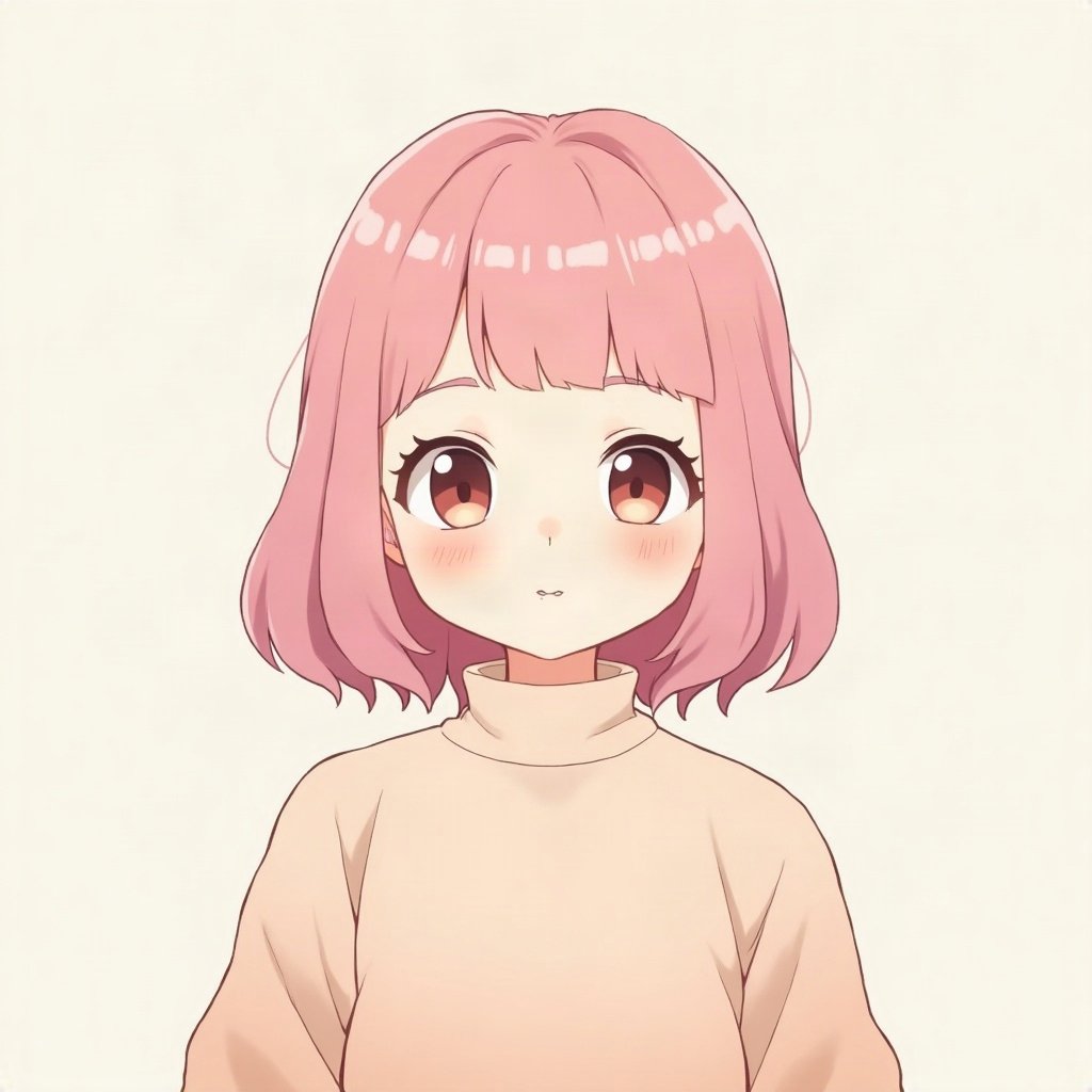 femboy pfp — soft pink shoulder-length hair, oversized pastel sweater, shy gentle smile