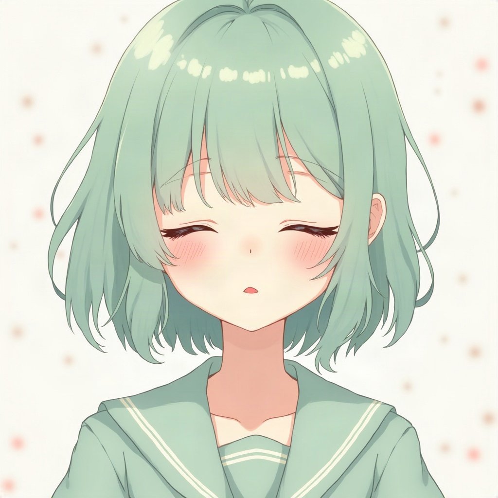 femboy pfp — mint green soft waves, sailor-collar top, peaceful eyes closed