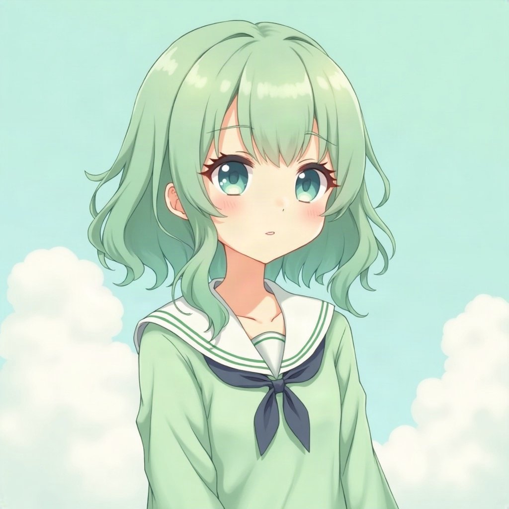 femboy pfp — mint green soft waves, sailor-collar top, shy gentle smile