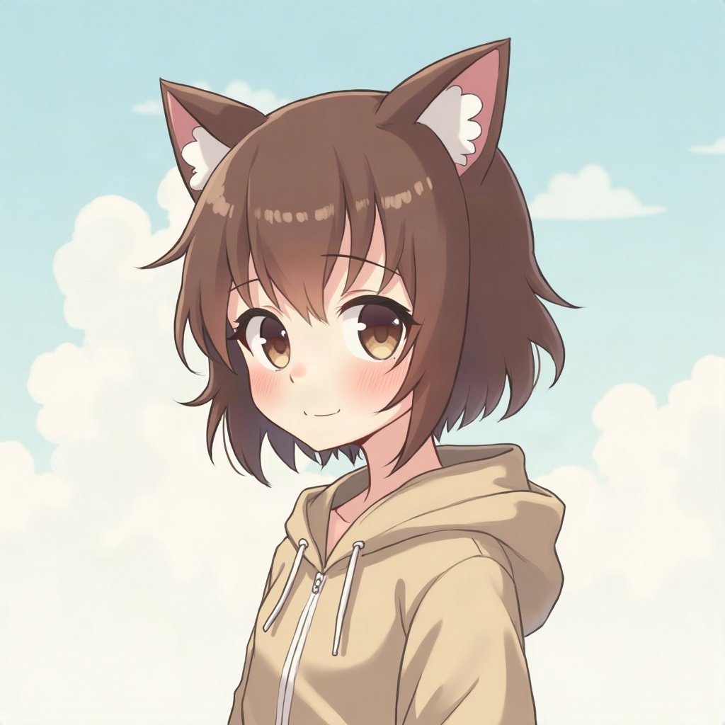 femboy pfp — brown hair with hairpins, hoodie with cat-ear hood, shy gentle smile