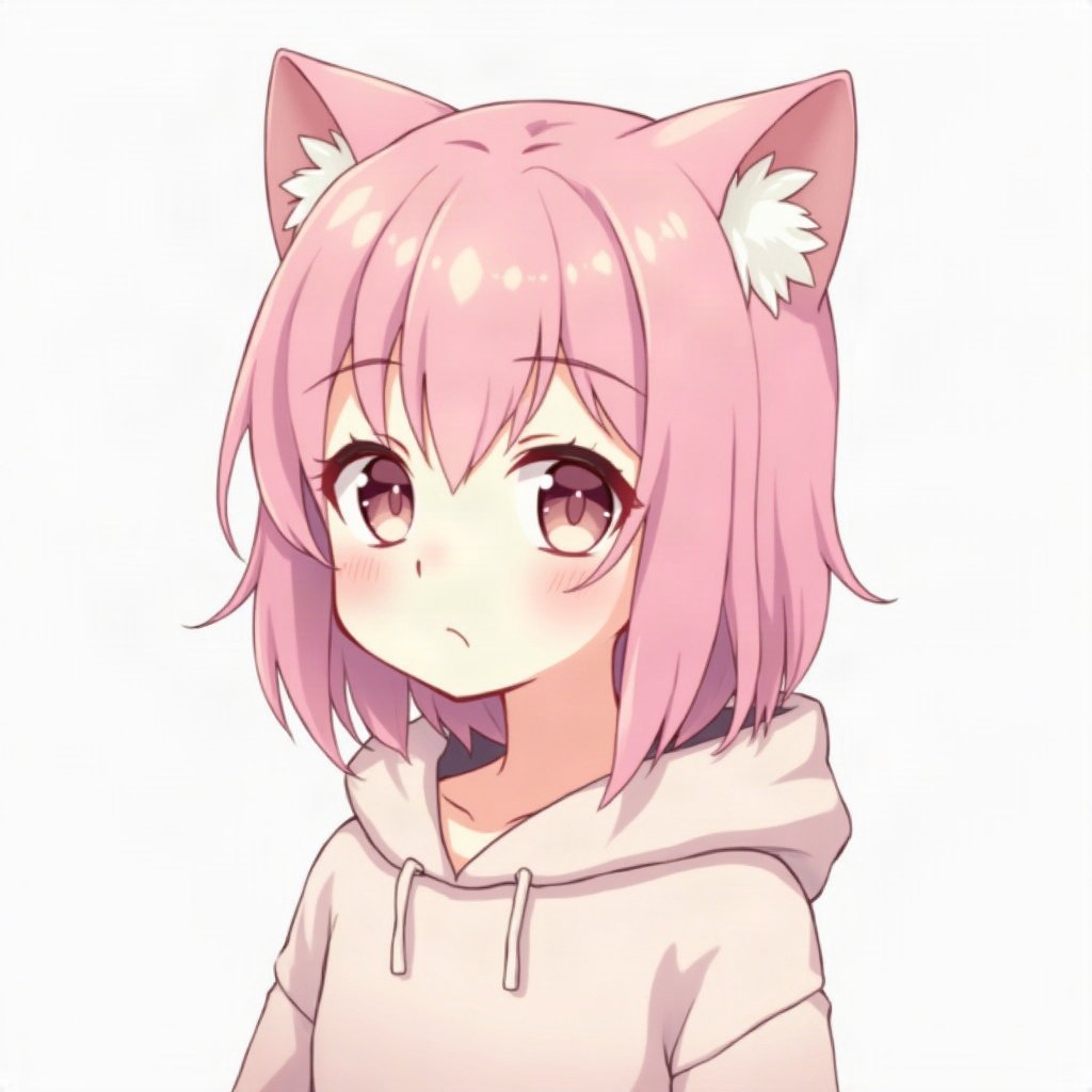 femboy pfp — soft pink shoulder-length hair, hoodie with cat-ear hood, soft curious look