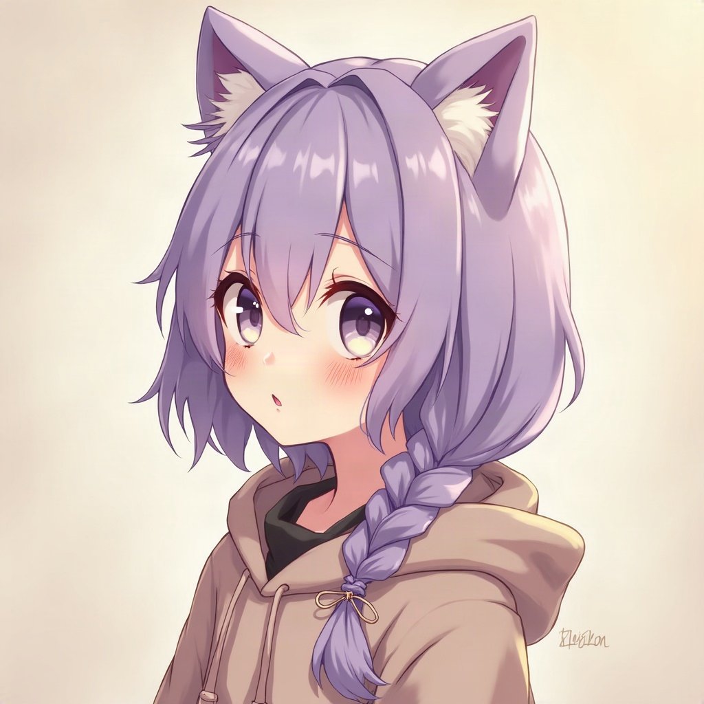 femboy pfp — lavender hair with braid, hoodie with cat-ear hood, soft curious look