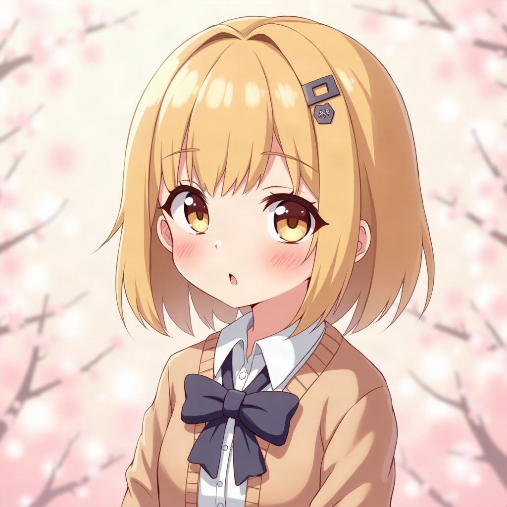 femboy pfp — fluffy blond bob with clips, cozy cardigan with bow, soft curious look