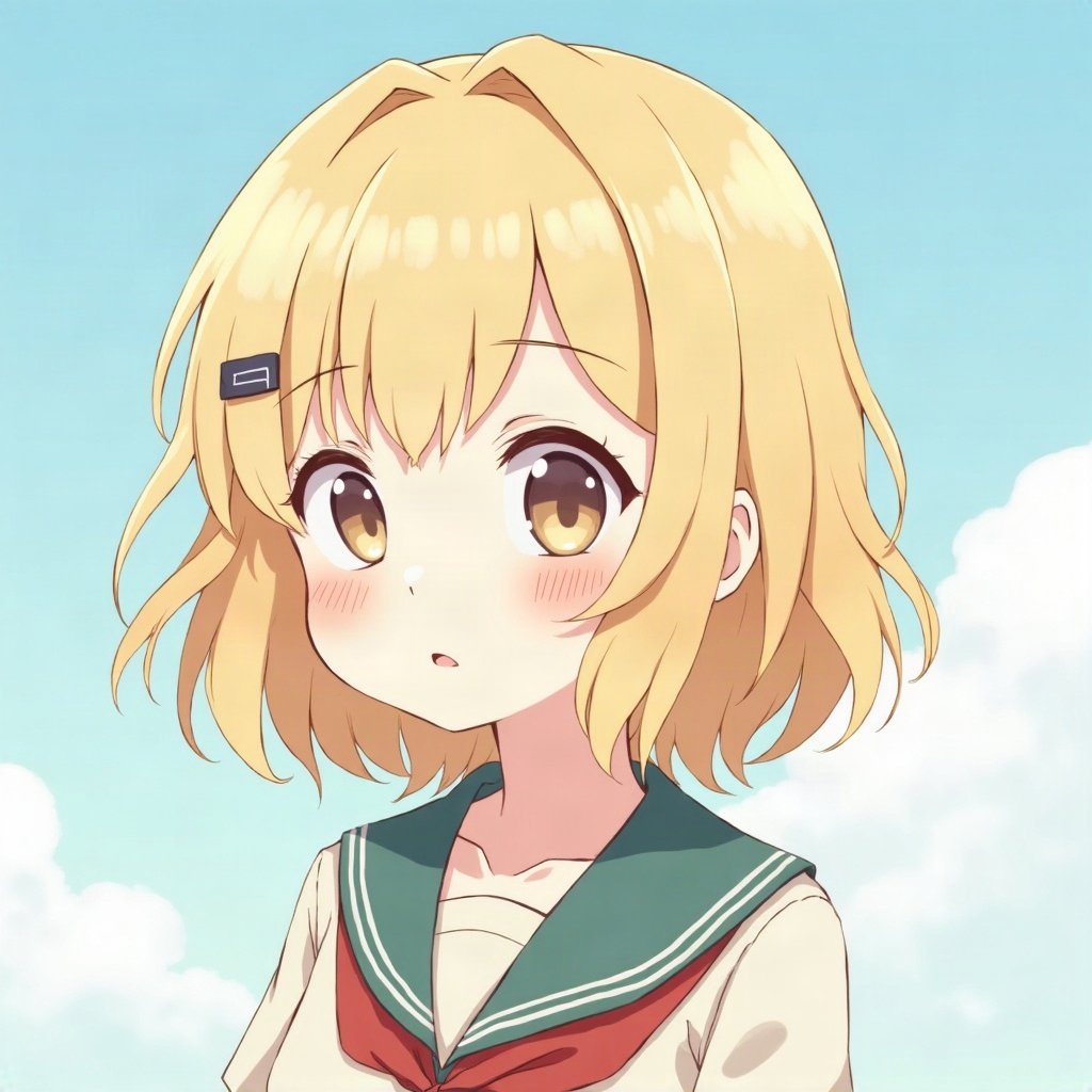 femboy pfp — fluffy blond bob with clips, sailor-collar top, shy gentle smile