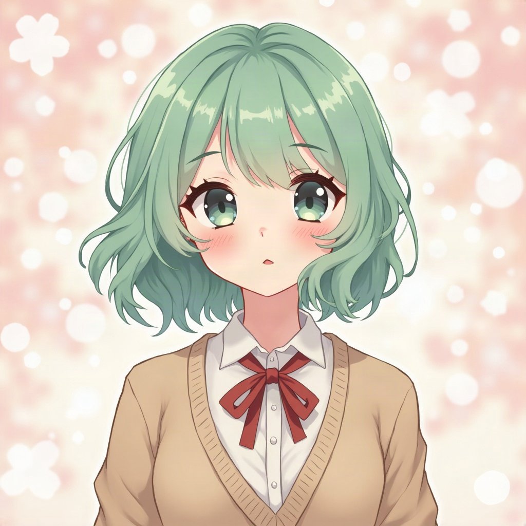 femboy pfp — mint green soft waves, cozy cardigan with bow, soft curious look