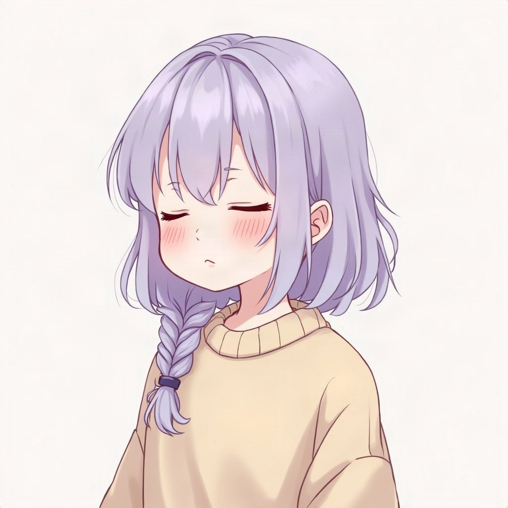 femboy pfp — lavender hair with braid, oversized pastel sweater, peaceful eyes closed