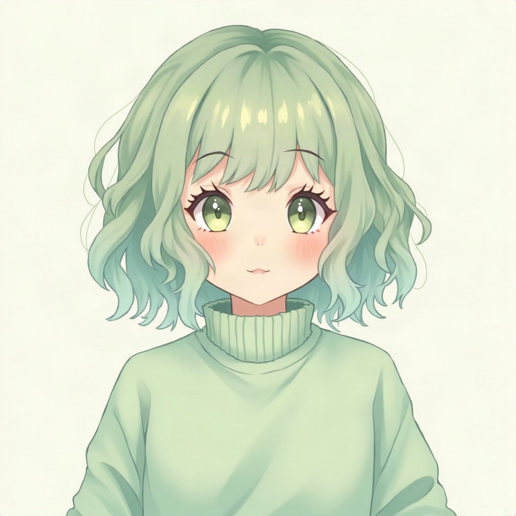 femboy pfp — mint green soft waves, oversized pastel sweater, shy gentle smile
