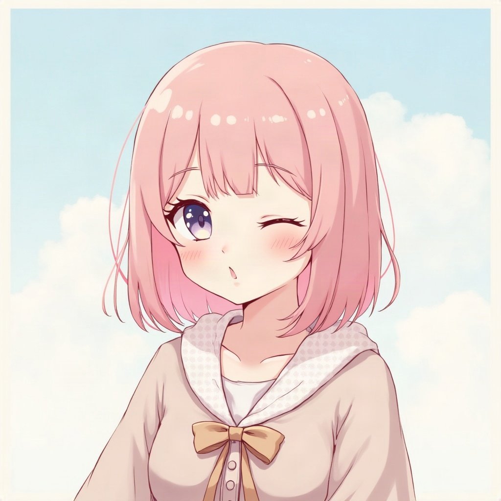 femboy pfp — soft pink shoulder-length hair, cozy cardigan with bow, playful wink