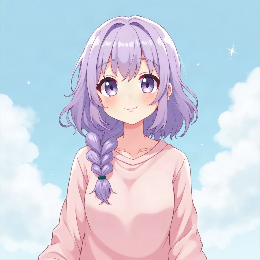 femboy pfp — lavender hair with braid, oversized pastel sweater, soft curious look