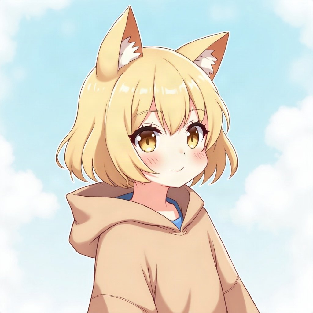 femboy pfp — fluffy blond bob with clips, hoodie with cat-ear hood, shy gentle smile