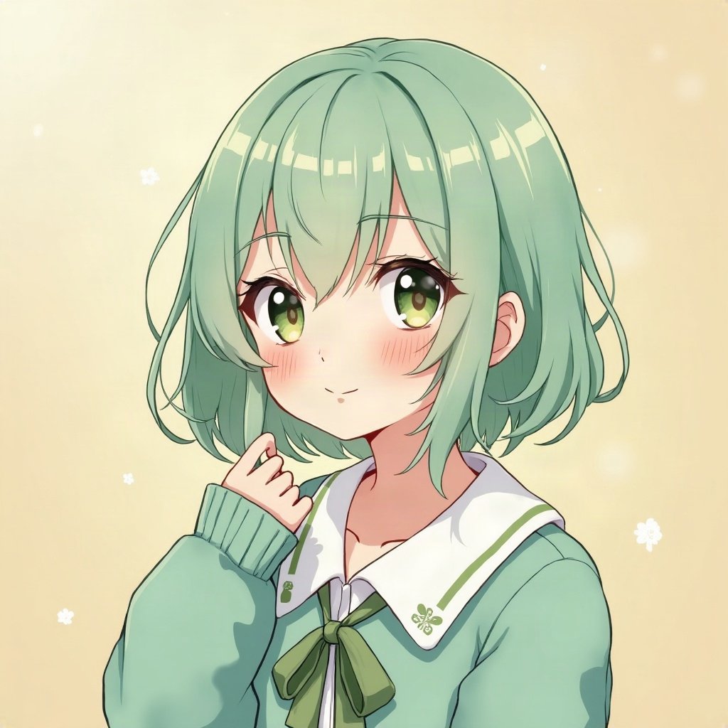 femboy pfp — mint green soft waves, cozy cardigan with bow, shy gentle smile