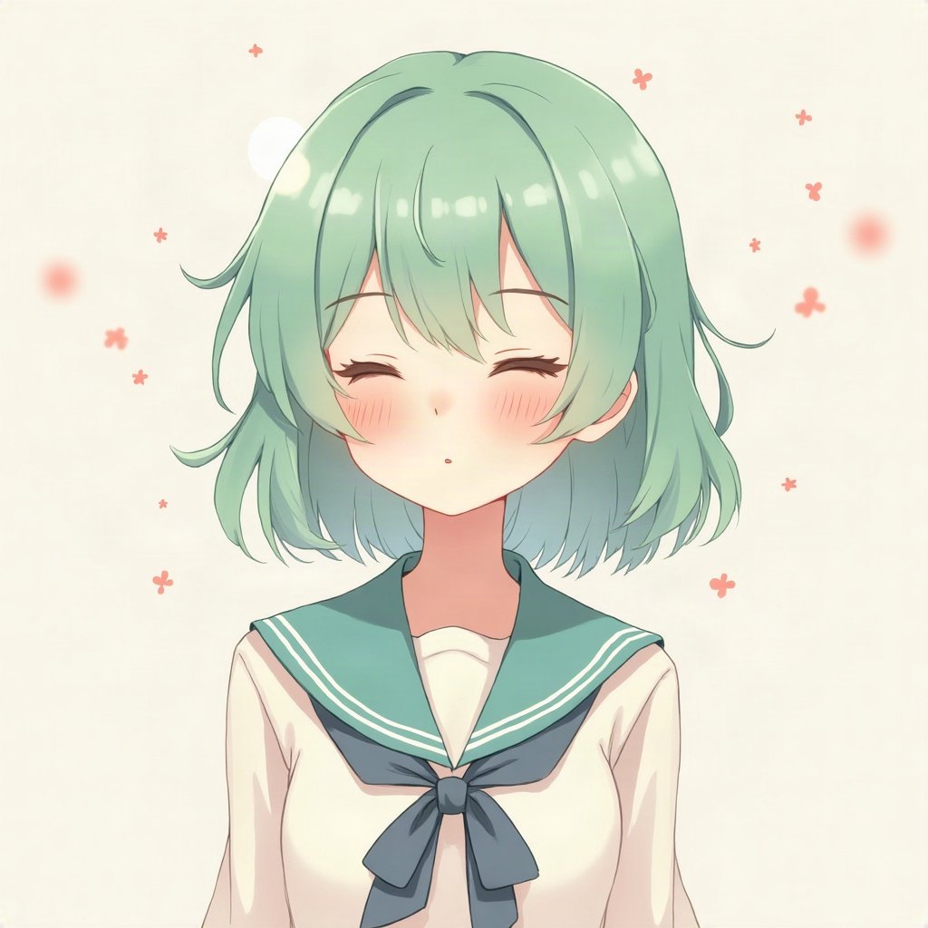 femboy pfp — mint green soft waves, sailor-collar top, peaceful eyes closed