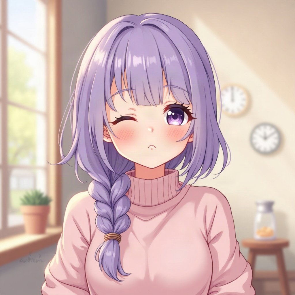 femboy pfp — lavender hair with braid, oversized pastel sweater, playful wink