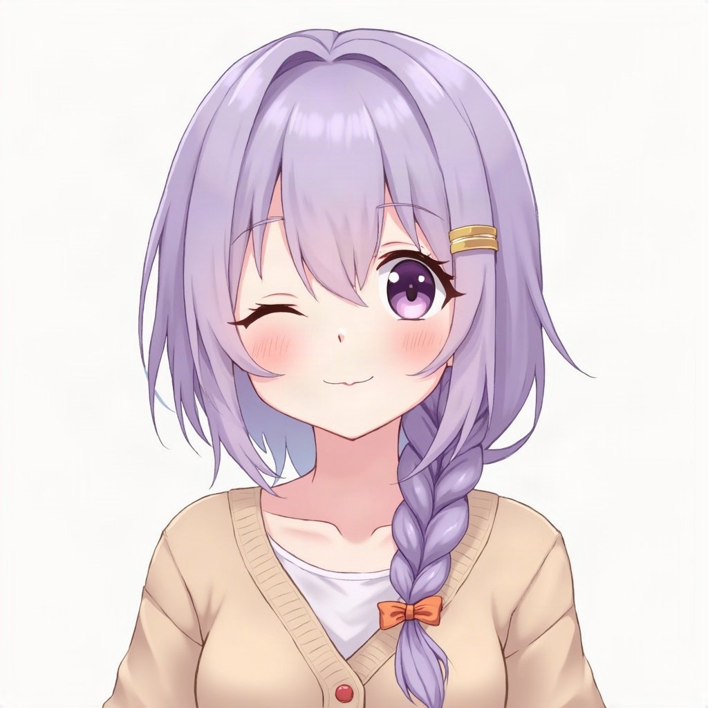 femboy pfp — lavender hair with braid, cozy cardigan with bow, playful wink