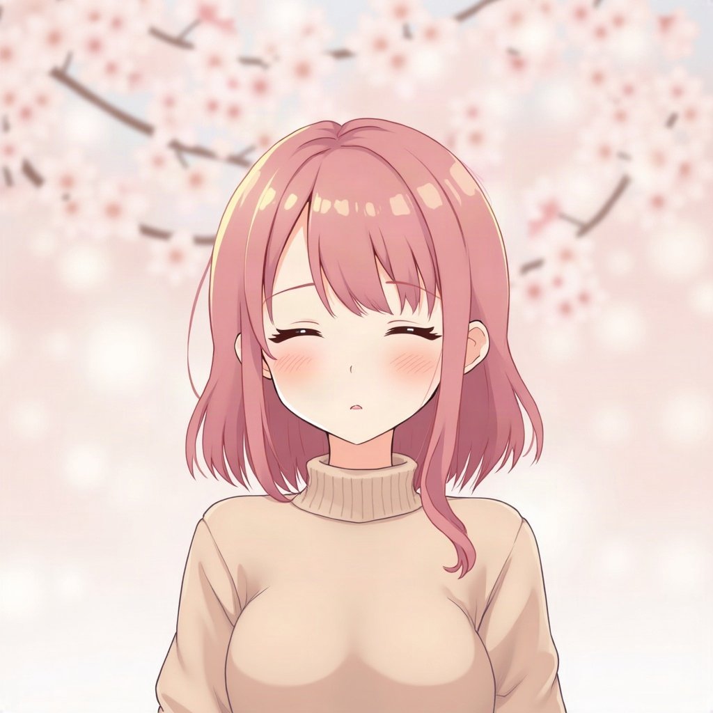 femboy pfp — soft pink shoulder-length hair, oversized pastel sweater, peaceful eyes closed