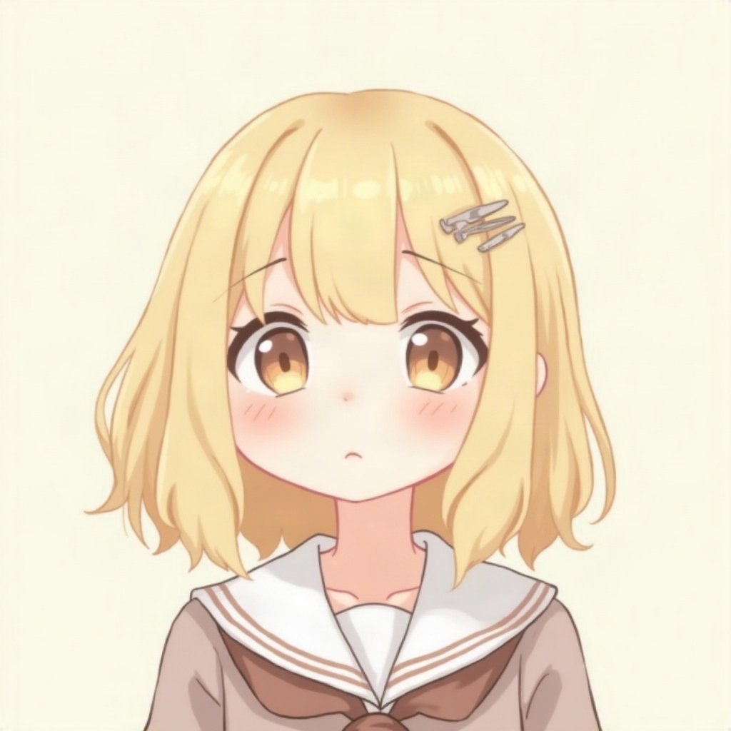 femboy pfp — fluffy blond bob with clips, sailor-collar top, soft curious look