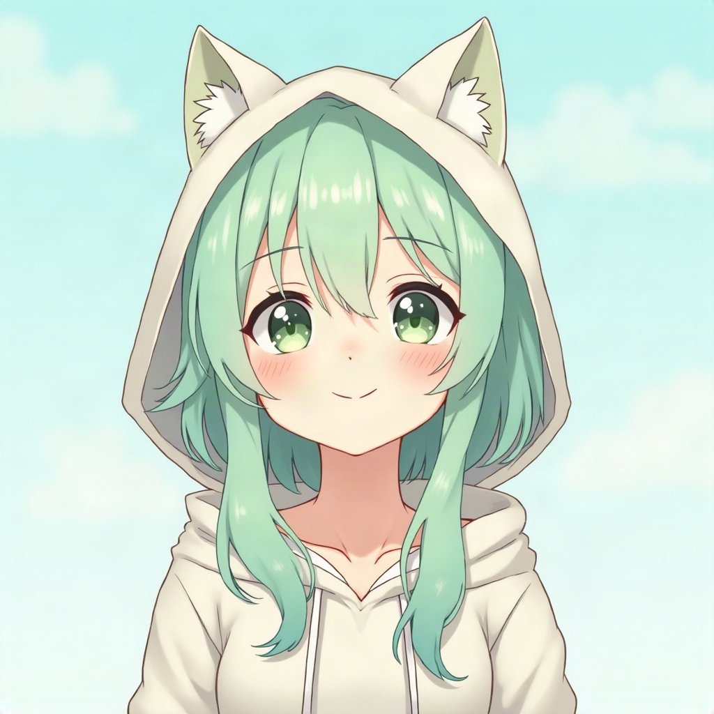 femboy pfp — mint green soft waves, hoodie with cat-ear hood, playful wink