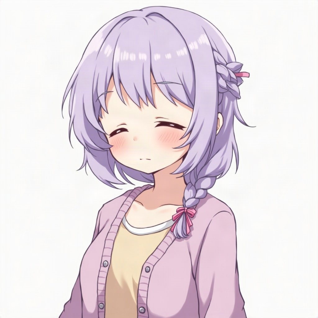 femboy pfp — lavender hair with braid, cozy cardigan with bow, peaceful eyes closed