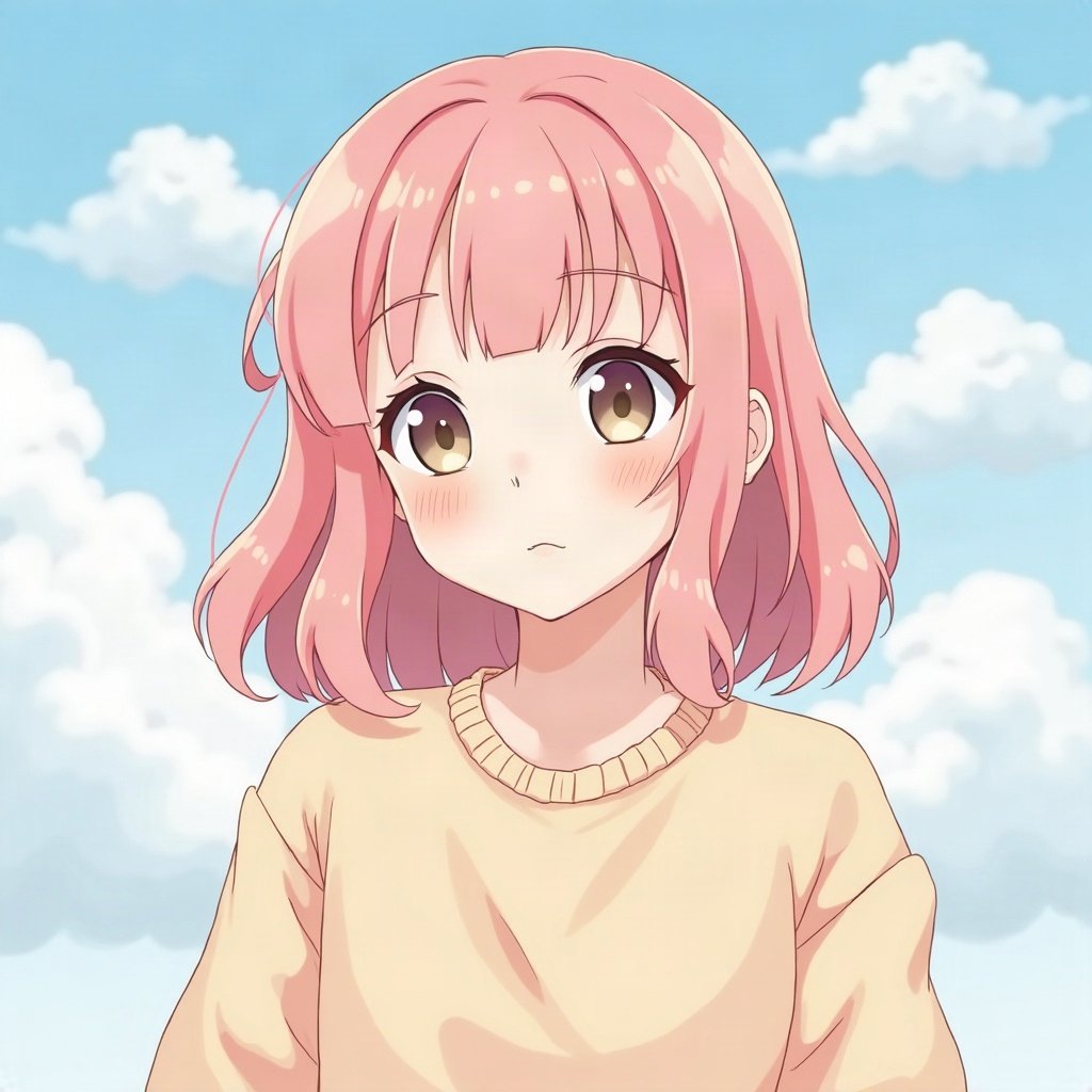 femboy pfp — soft pink shoulder-length hair, oversized pastel sweater, soft curious look