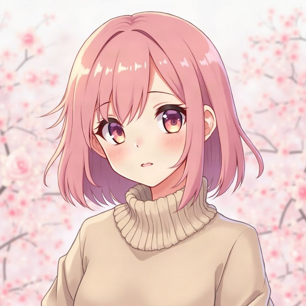 femboy pfp — soft pink shoulder-length hair, oversized pastel sweater, soft curious look