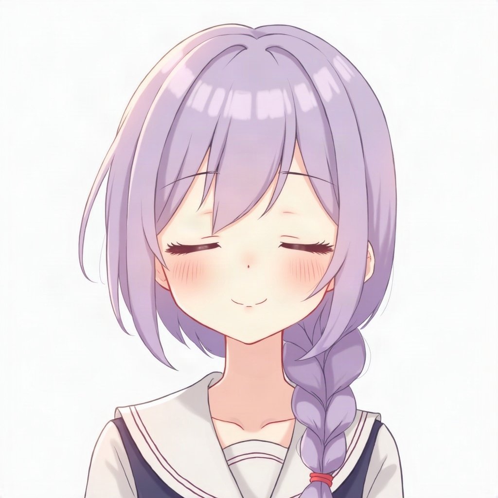 femboy pfp — lavender hair with braid, sailor-collar top, peaceful eyes closed