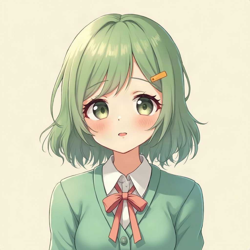 femboy pfp — mint green soft waves, cozy cardigan with bow, playful wink