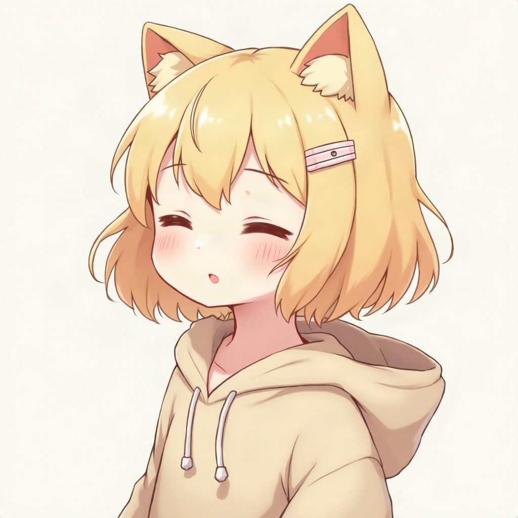 femboy pfp — fluffy blond bob with clips, hoodie with cat-ear hood, peaceful eyes closed