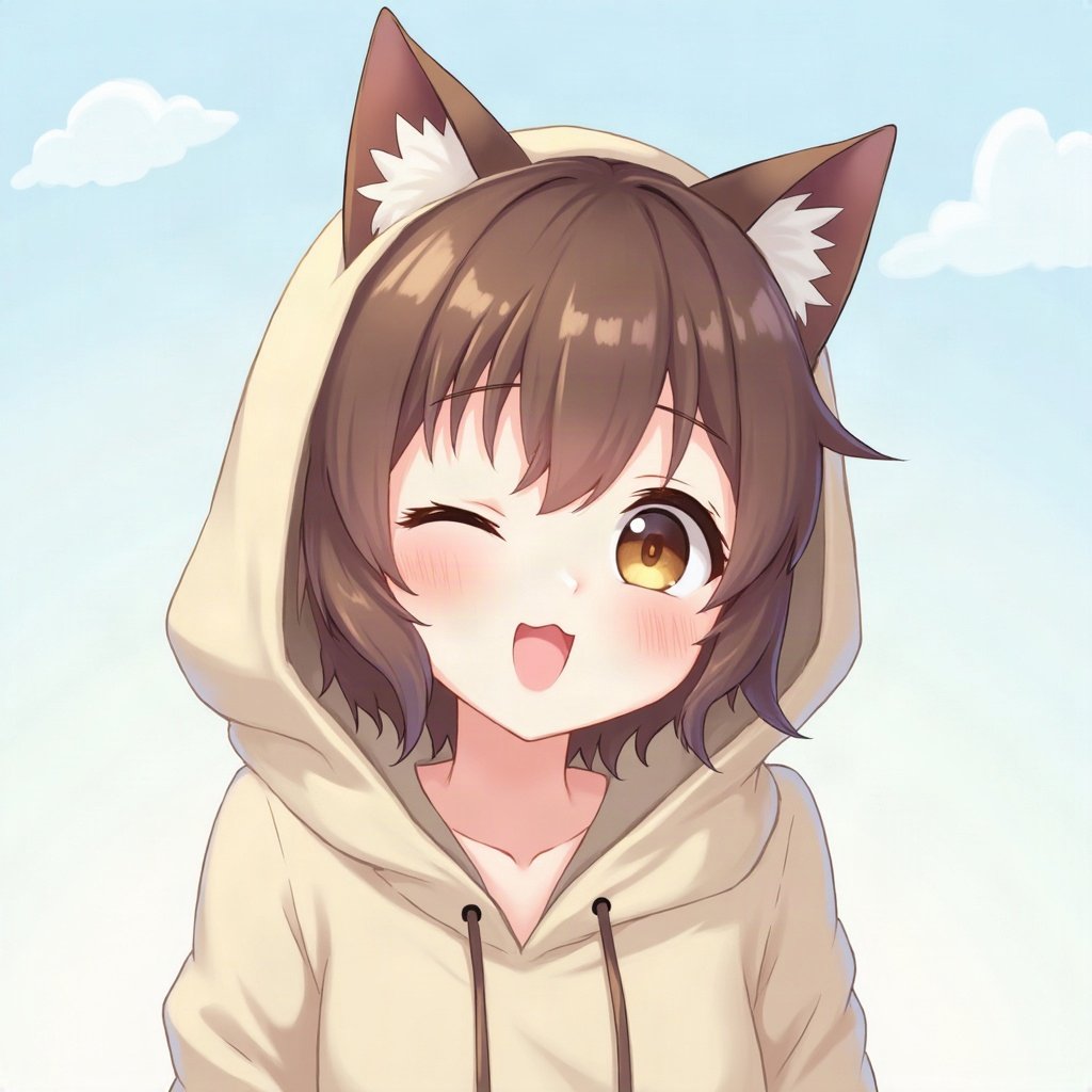 femboy pfp — brown hair with hairpins, hoodie with cat-ear hood, playful wink